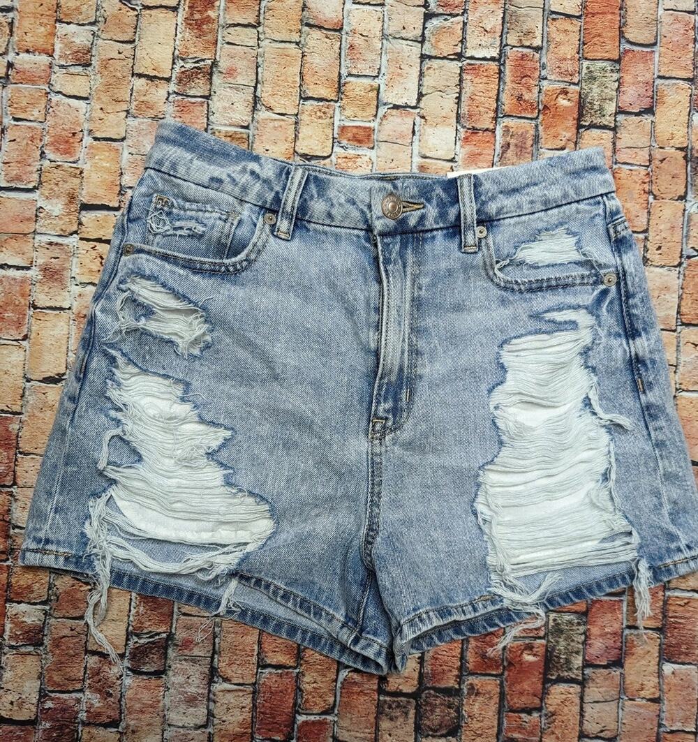 New American Eagle High Rise Mom Comfort Stretch Waist Destroyed Denim Shorts